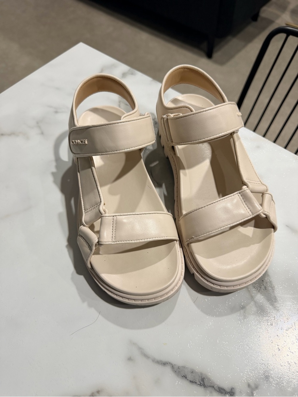 Coach Women's Cream Leather Velcro Strap Sandals